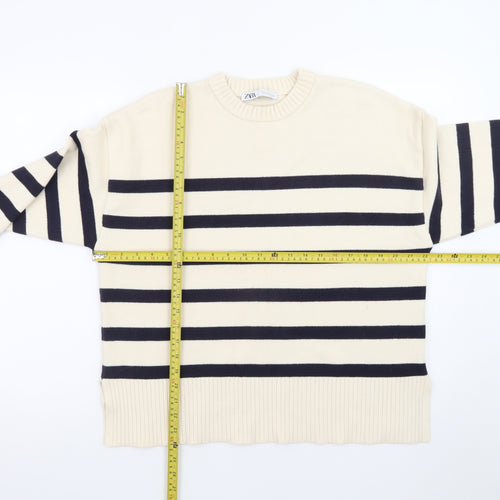 ZARA Womens Beige Striped Crew Neck Cotton Knit Jumper Size 12