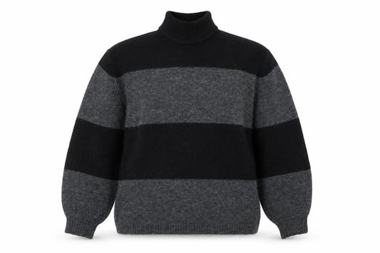 Front view of Onfire Women Grey Black Striped Roll Neck Wool Jumper, size 10