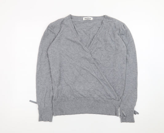 AbolIria Women's Grey Wrap V-Neck Knit Jumper L