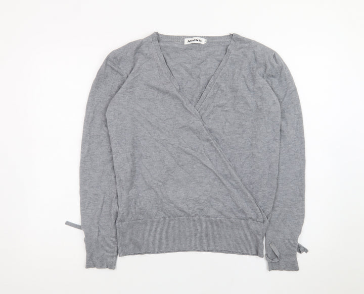 AbolIria Women's Grey Wrap V-Neck Knit Jumper L