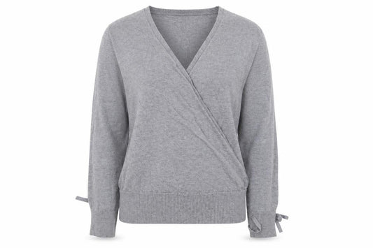 Front view of AbolIria Women's Grey Wrap V-Neck Knit Jumper L
