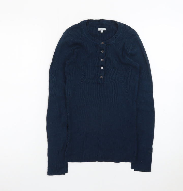 Jigsaw Women's Blue Henley Knit Jumper Size S Cotton Cashmere Blend