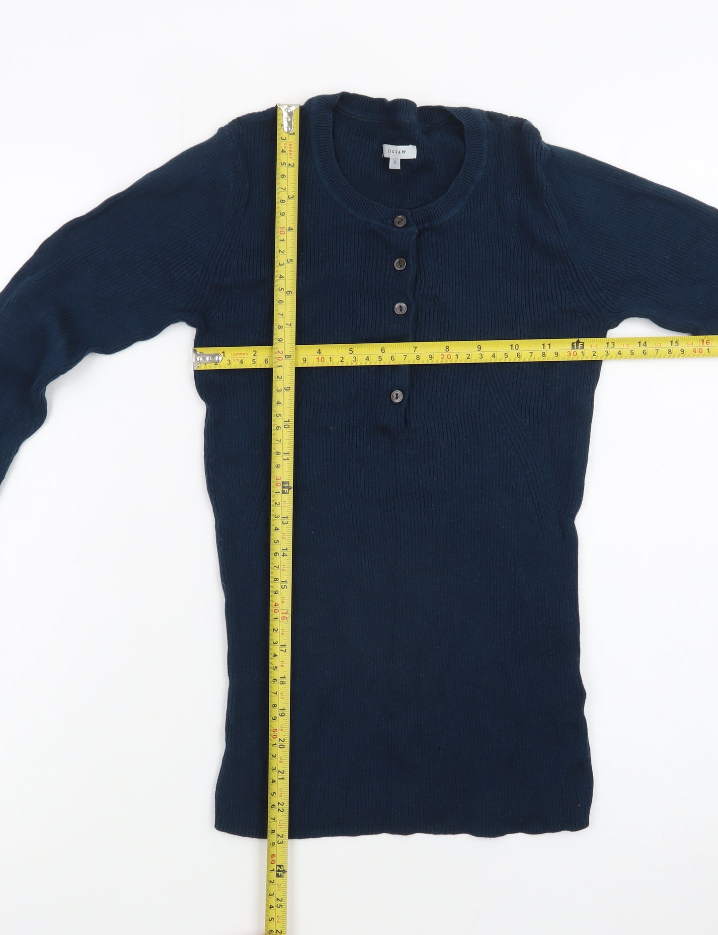 Jigsaw Women's Blue Henley Knit Jumper Size S Cotton Cashmere Blend