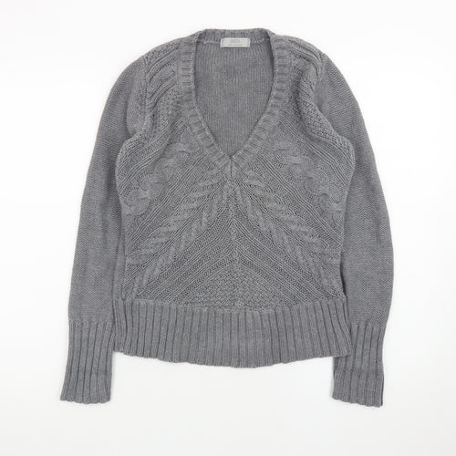 Marks and Spencer Women Grey Size 12 Cable-Knit V-Neck Jumper