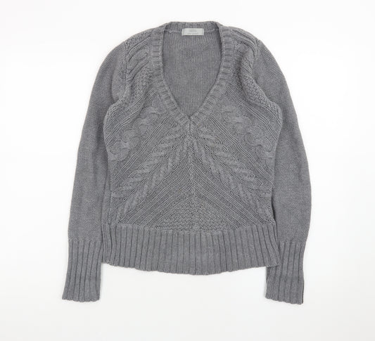Marks and Spencer Women Grey Size 12 Cable-Knit V-Neck Jumper