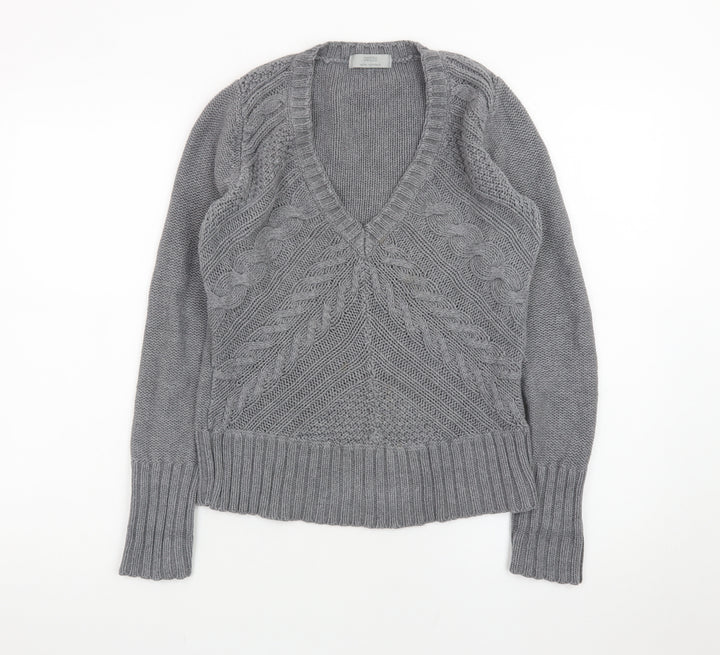 Marks and Spencer Women Grey Size 12 Cable-Knit V-Neck Jumper