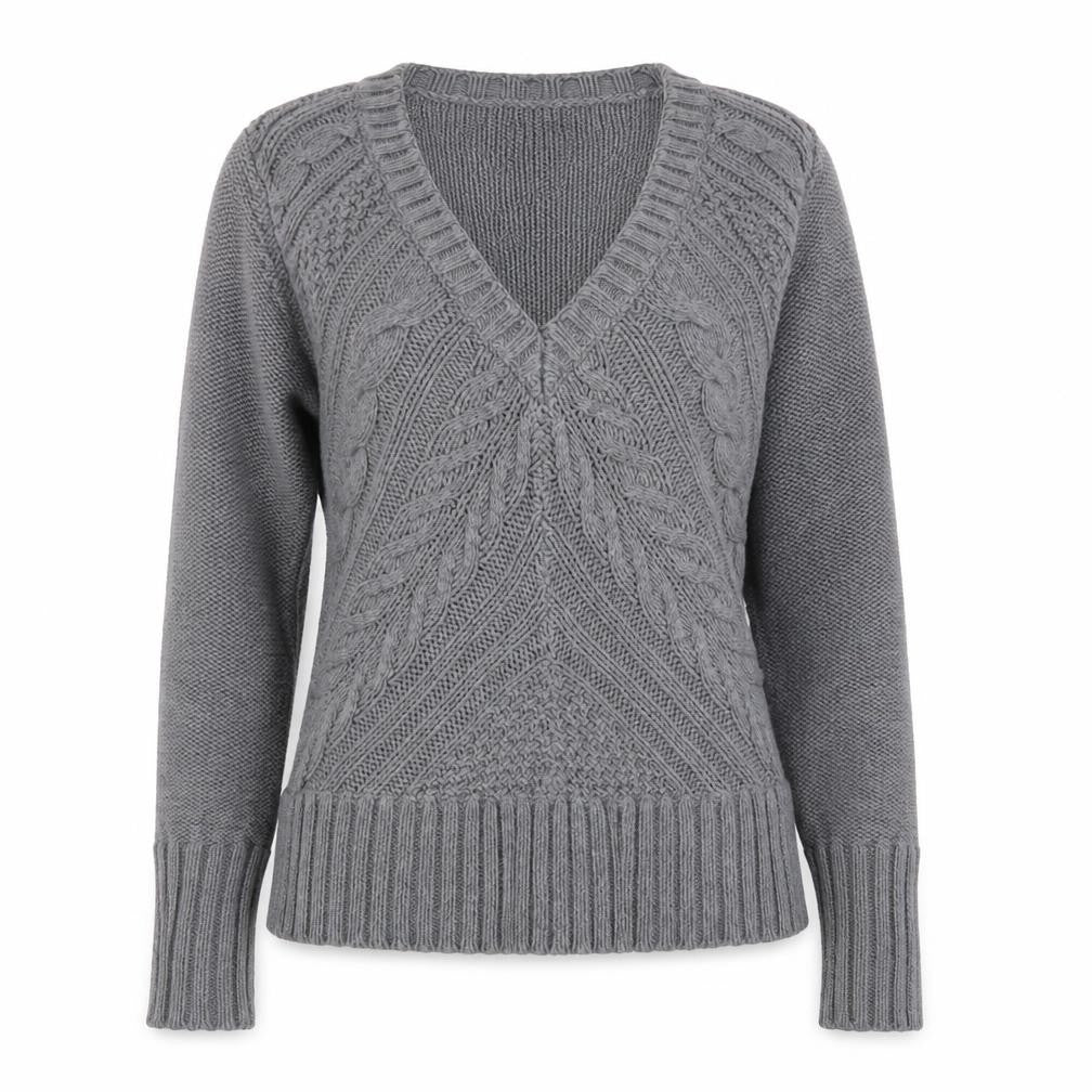 Front view of Marks & Spencer Women Grey, size 12, Cable-Knit V-Neck Jumper