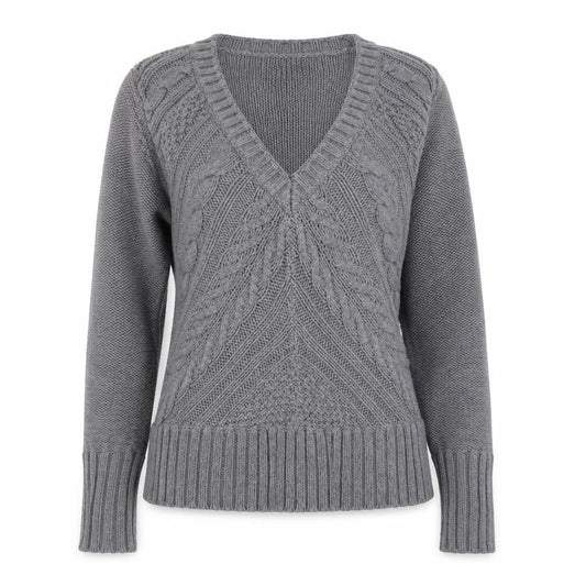 Front view of Marks & Spencer Women Grey, size 12, Cable-Knit V-Neck Jumper