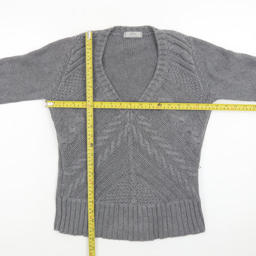 Marks and Spencer Women Grey Size 12 Cable-Knit V-Neck Jumper