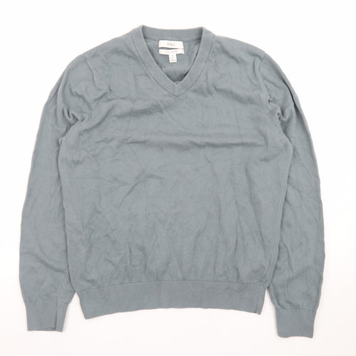 Marks and Spencer Men's Blue V-Neck Cotton Jumper M