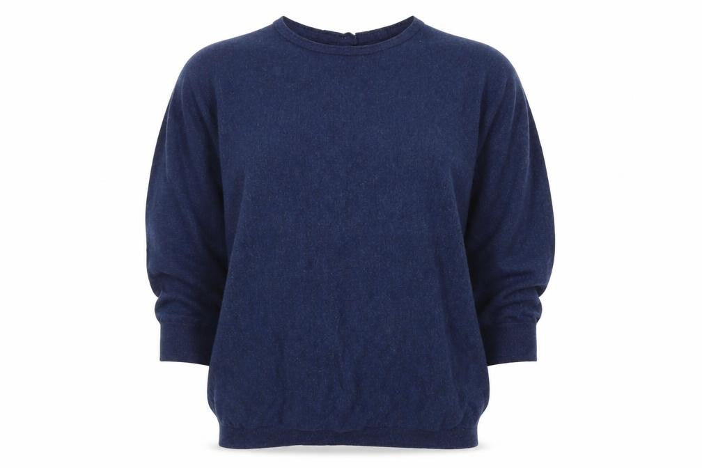 Front view of FatFace women’s blue wool blend button back jumper uk 14