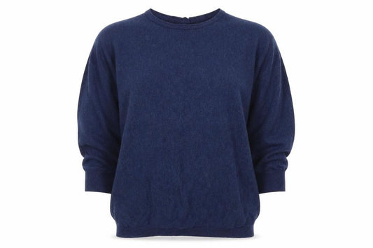 Front view of FatFace women’s blue wool blend button back jumper uk 14