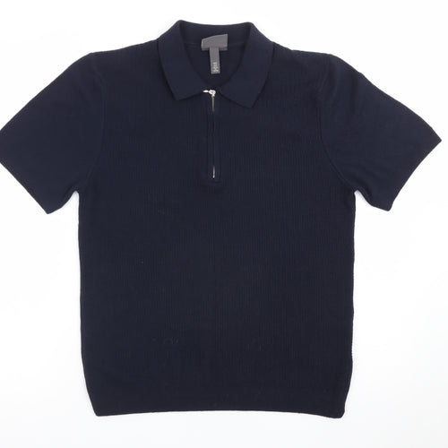 H&M Men's Navy Short Sleeve Slim Fit Polo Shirt Cotton Blend Small