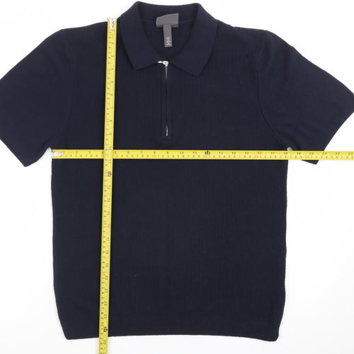 H&M Men's Navy Short Sleeve Slim Fit Polo Shirt Cotton Blend Small