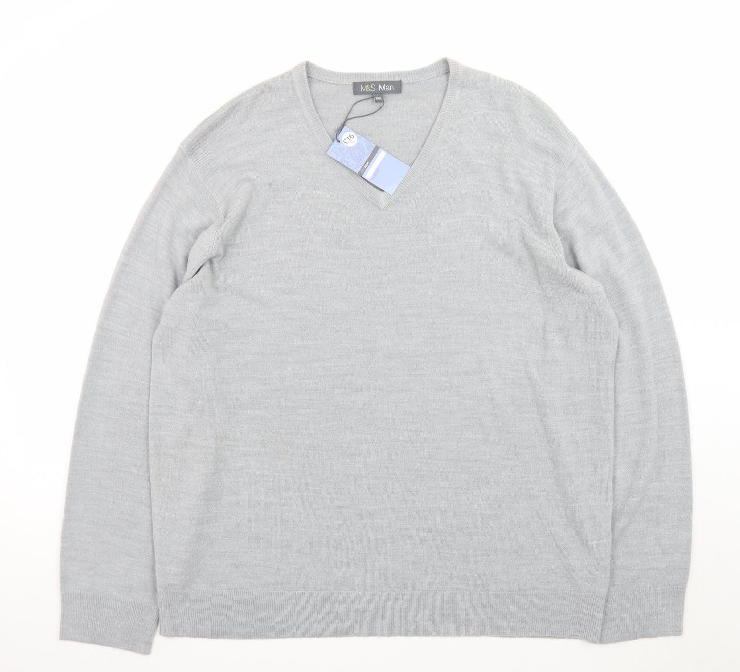 Marks and Spencer Men Grey 2XL Acrylic V-Neck Pullover Jumper