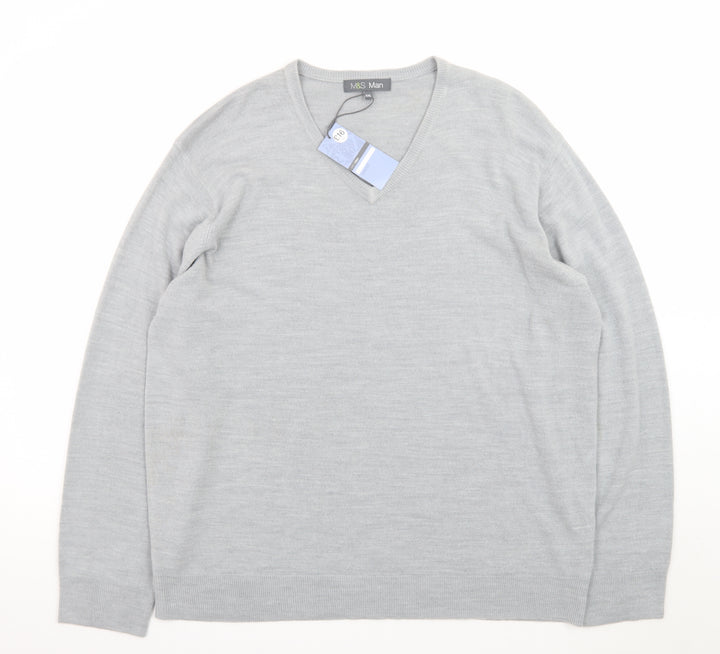 Marks and Spencer Men Grey 2XL Acrylic V-Neck Pullover Jumper