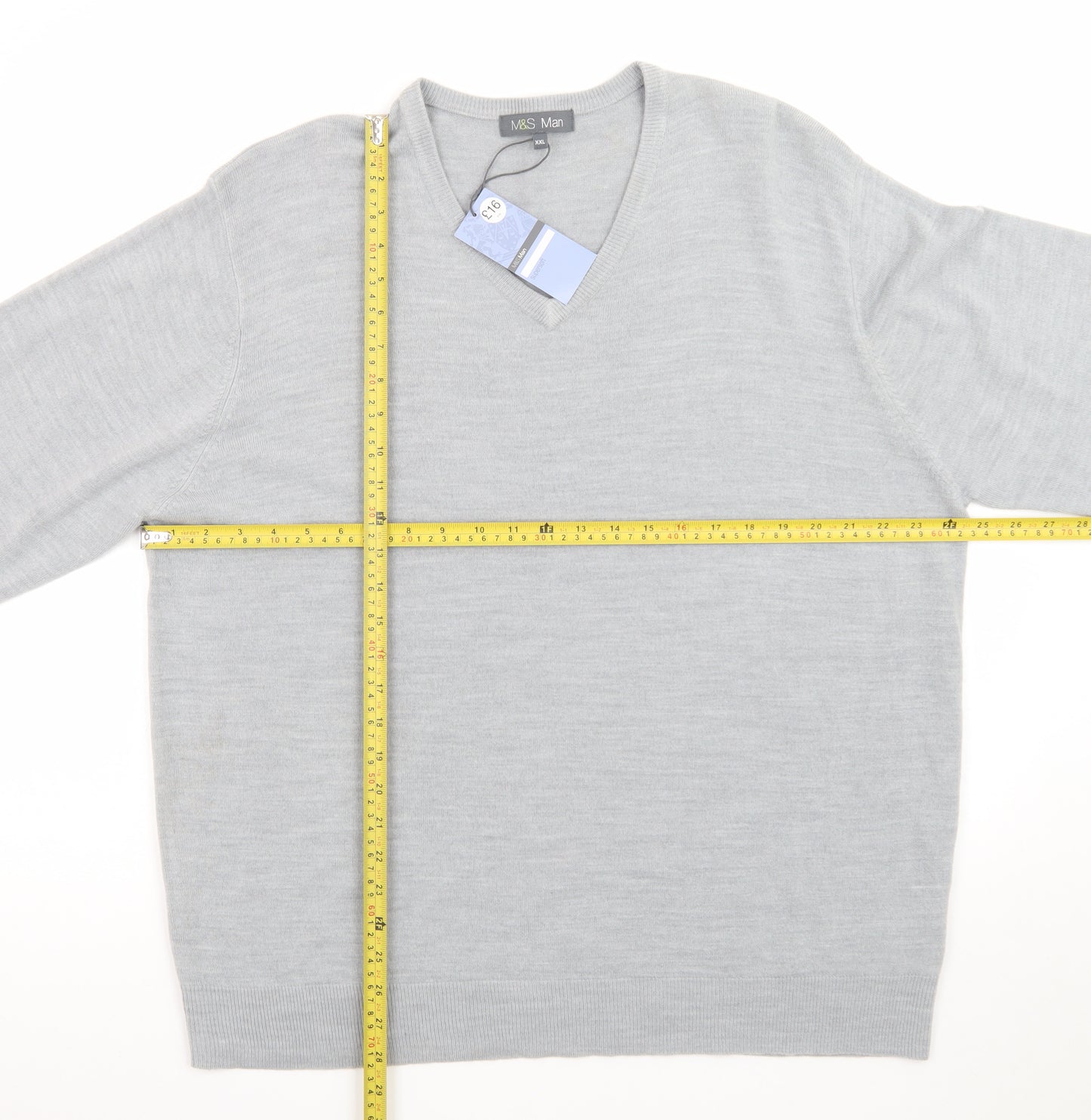 Marks and Spencer Men Grey 2XL Acrylic V-Neck Pullover Jumper