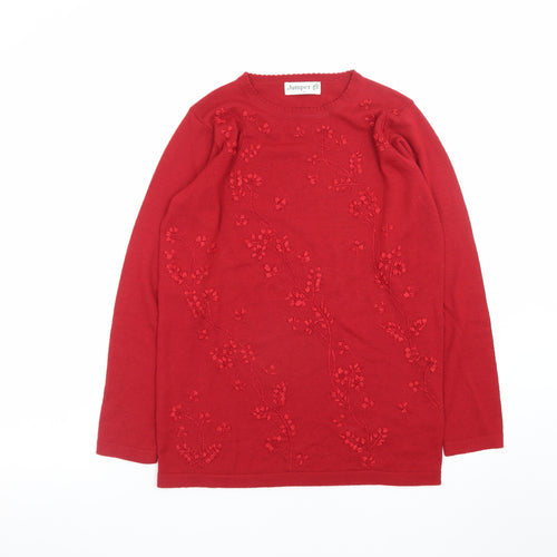 Jumper Women Red Wool Blend Floral Embroidered Pullover S