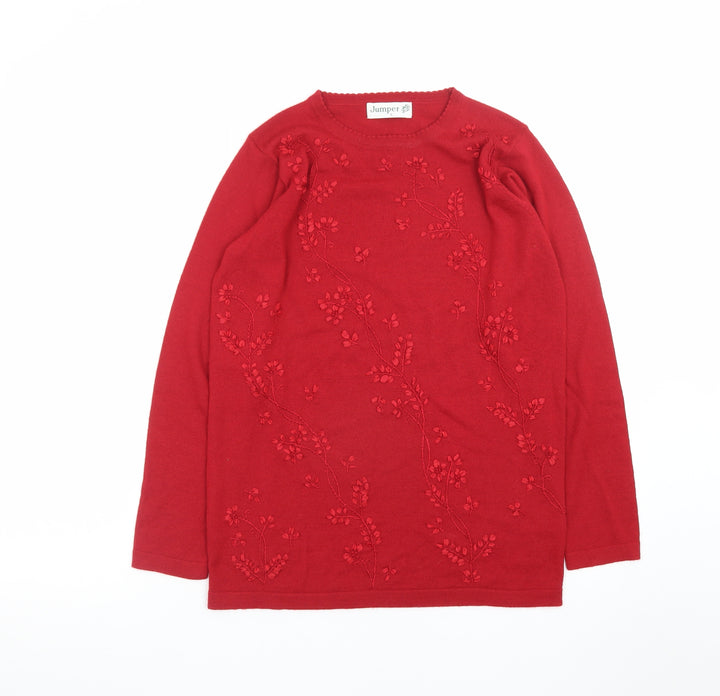 Jumper Women Red Wool Blend Floral Embroidered Pullover S