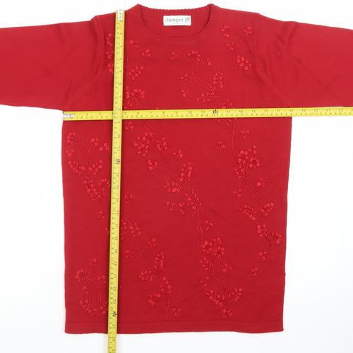 Jumper Women Red Wool Blend Floral Embroidered Pullover S