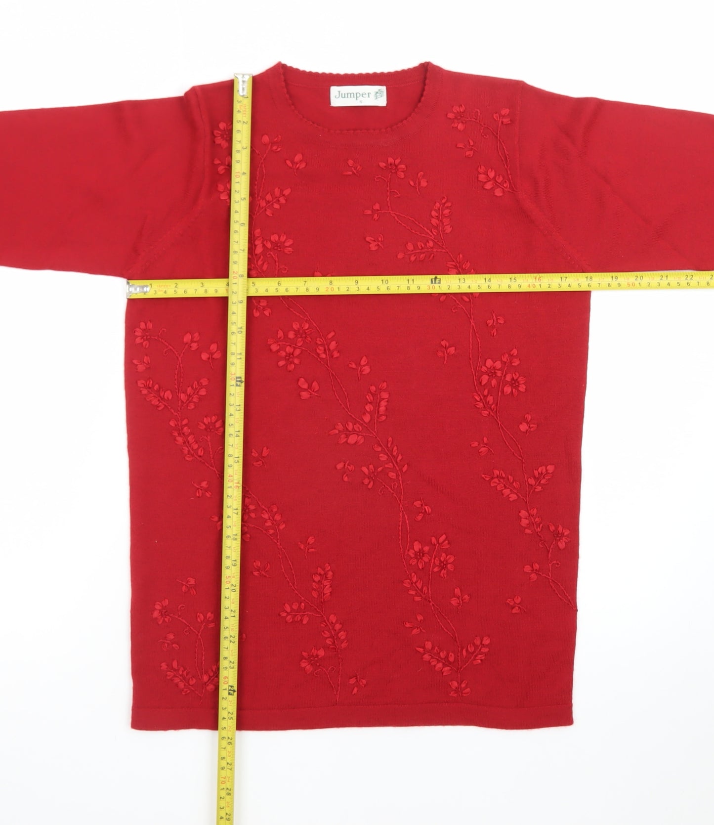 Jumper Women Red Wool Blend Floral Embroidered Pullover S
