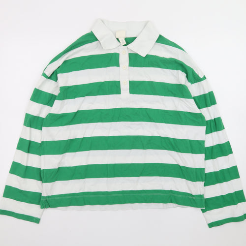 H&M Men's Green White Striped Long Sleeve Polo Shirt Size S