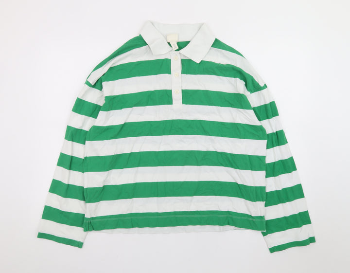 H&M Men's Green White Striped Long Sleeve Polo Shirt Size S