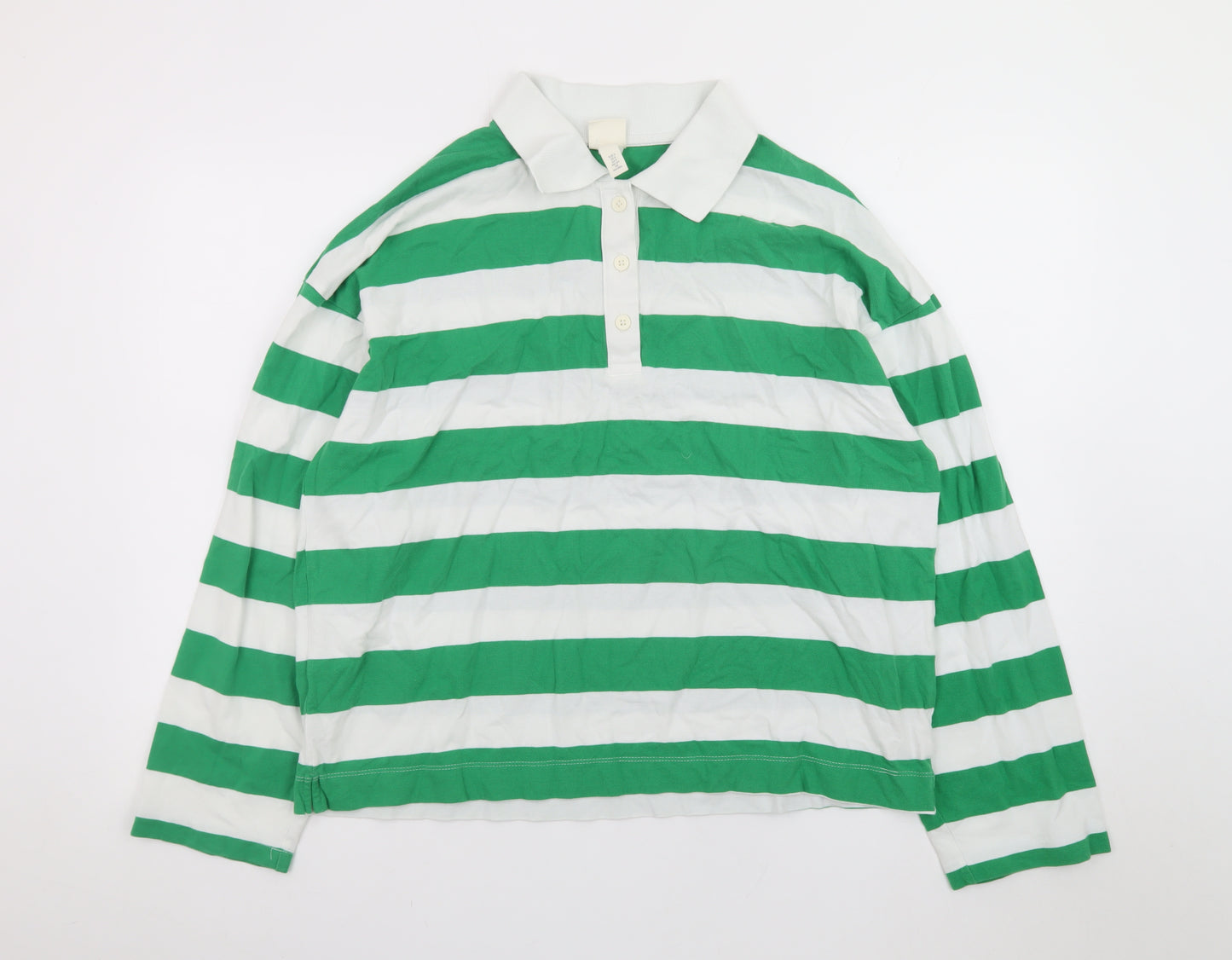 H&M Men's Green White Striped Long Sleeve Polo Shirt Size S