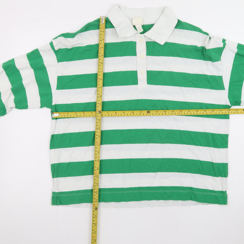 H&M Men's Green White Striped Long Sleeve Polo Shirt Size S