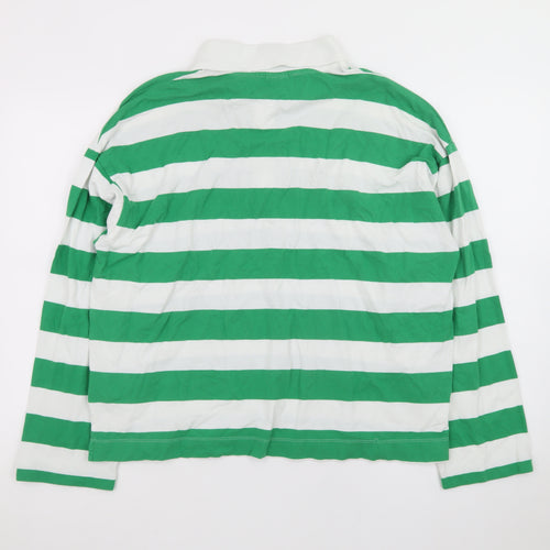 H&M Men's Green White Striped Long Sleeve Polo Shirt Size S