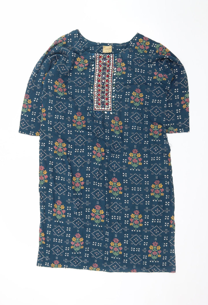 +Color Women Blue Floral Embroidered Shift Dress XL
