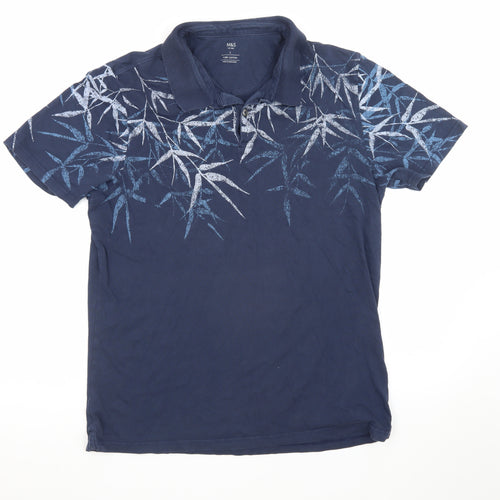 Marks and Spencer Men's Blue Floral Print Cotton Polo Shirt L
