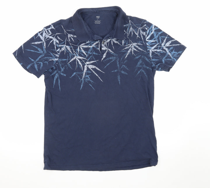 Marks and Spencer Men's Blue Floral Print Cotton Polo Shirt L