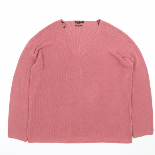 Massimo Dutti Women's Pink V-Neck Cotton Cashmere Jumper Size 12