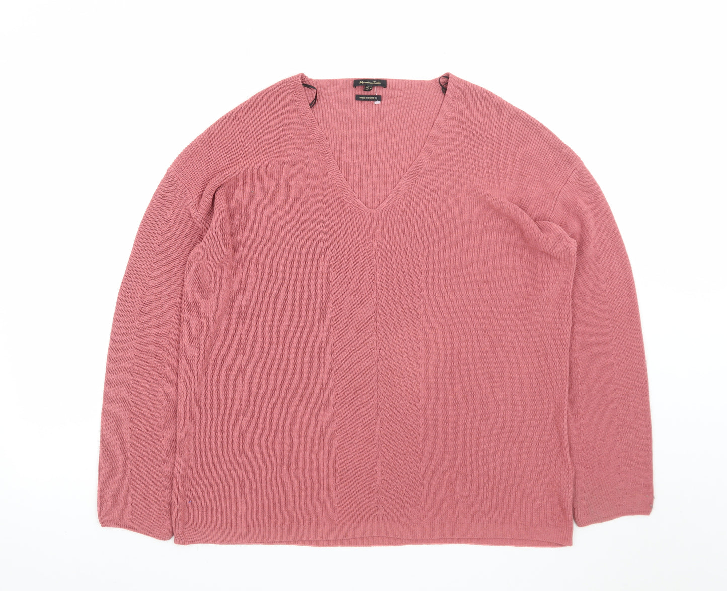 Massimo Dutti Women's Pink V-Neck Cotton Cashmere Jumper Size 12