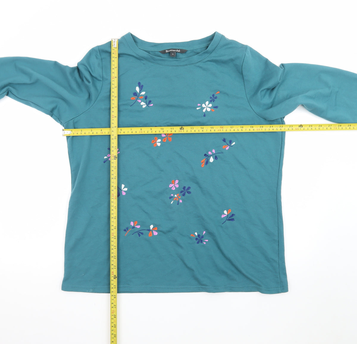 Bonmarché Women's Green Floral Embroidered Long Sleeve T-Shirt Size 16