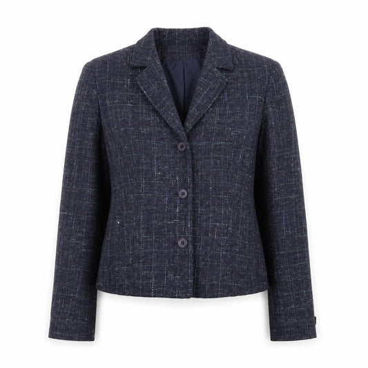 Front view of Jones New York Women's Navy Wool Blend Blazer Jacket, size 12, Classic Lined