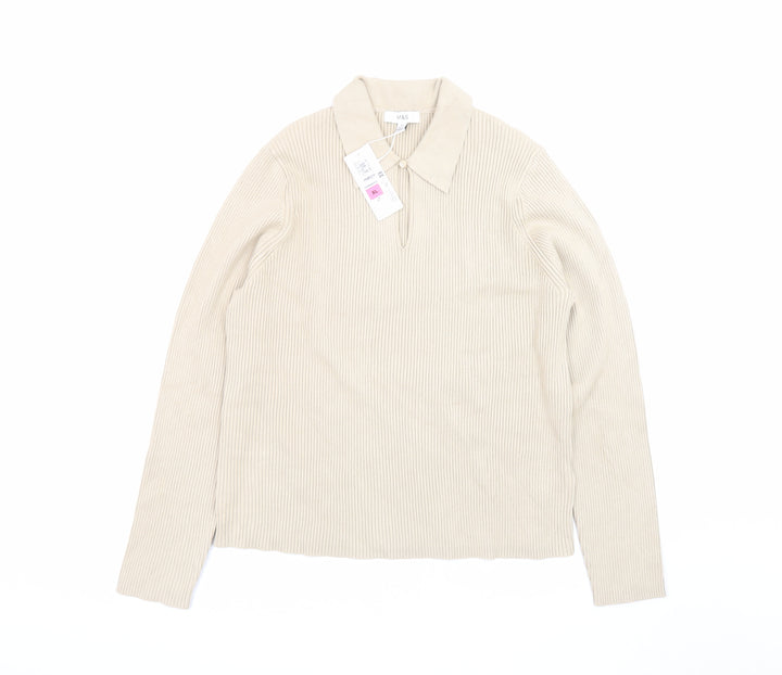Marks and Spencer Men Beige XL Collared Knit Pullover Jumper