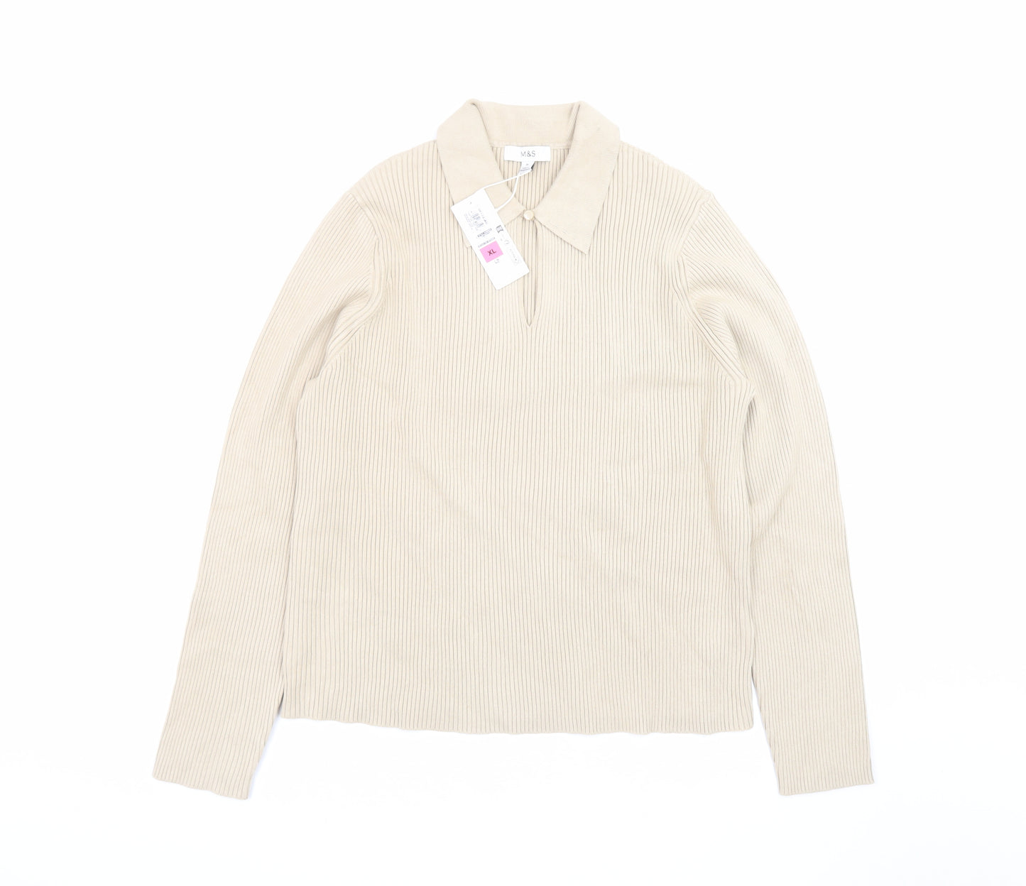 Marks and Spencer Men Beige XL Collared Knit Pullover Jumper