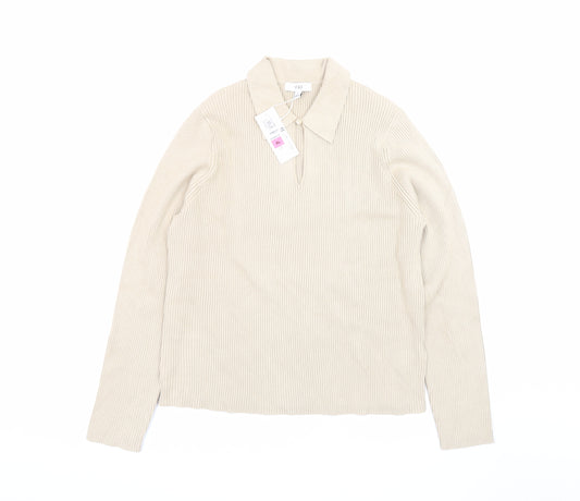 Marks and Spencer Men Beige XL Collared Knit Pullover Jumper
