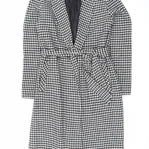 Primark Women’s Black & White Houndstooth Belted Long Coat Size 8