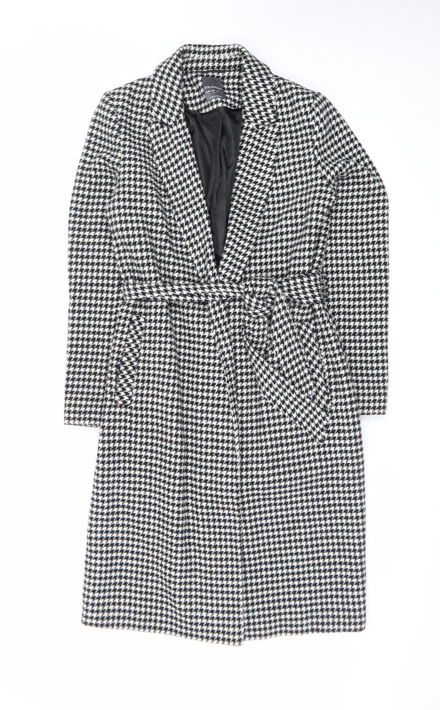 Primark Women’s Black & White Houndstooth Belted Long Coat Size 8