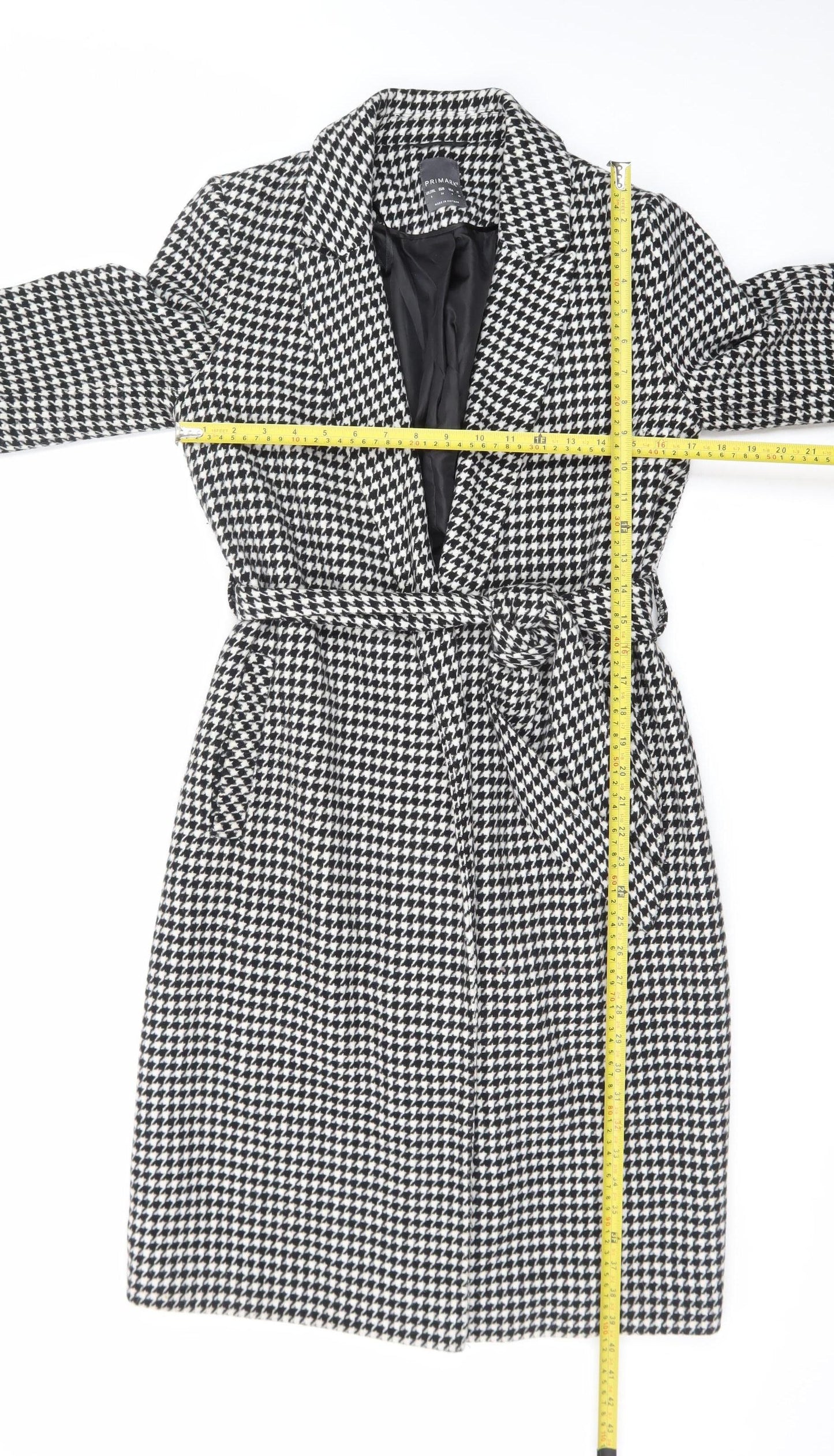 Primark Women’s Black & White Houndstooth Belted Long Coat Size 8