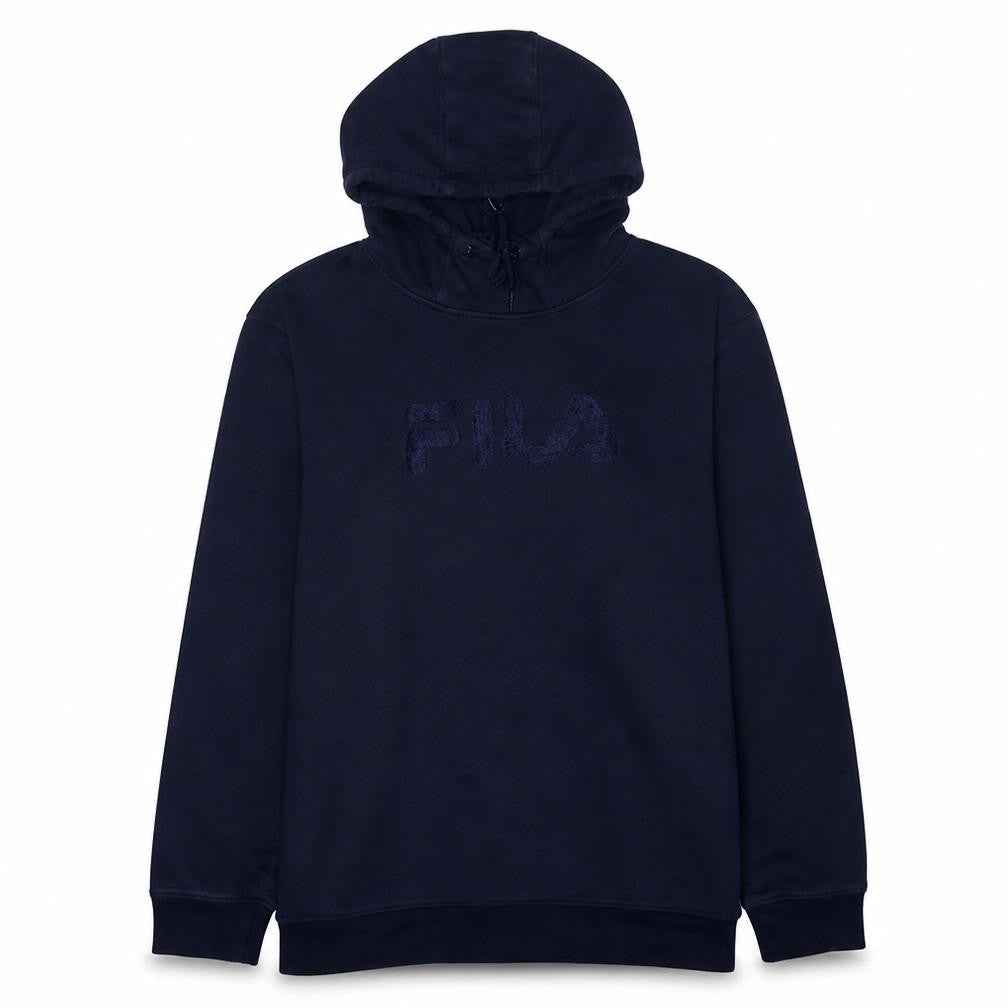 Front view of Fila men’s blue xl pullover hoodie fleece logo sweatshirt