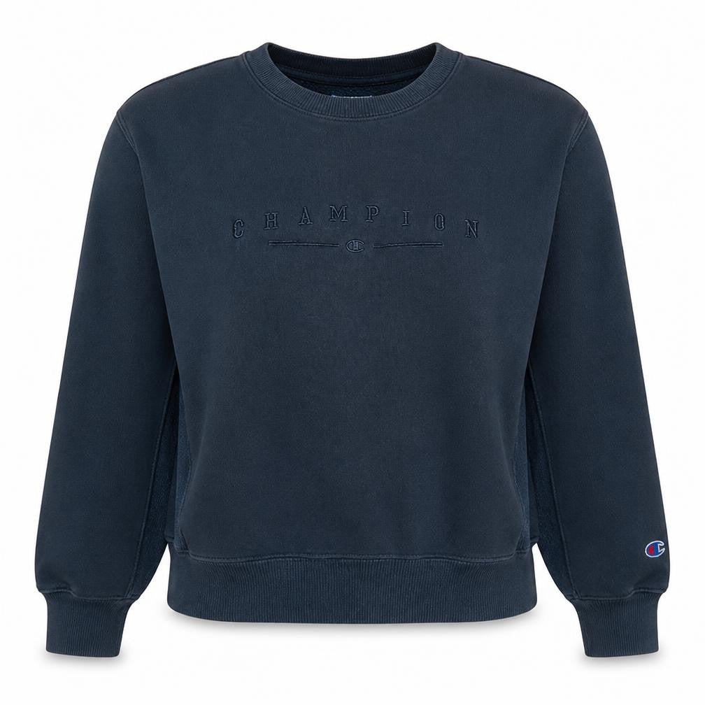 Front view of Champion Women’s Blue Reverse Weave Crew Neck Sweatshirt, size M