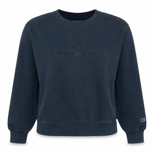 Front view of Champion Women’s Blue Reverse Weave Crew Neck Sweatshirt, size M