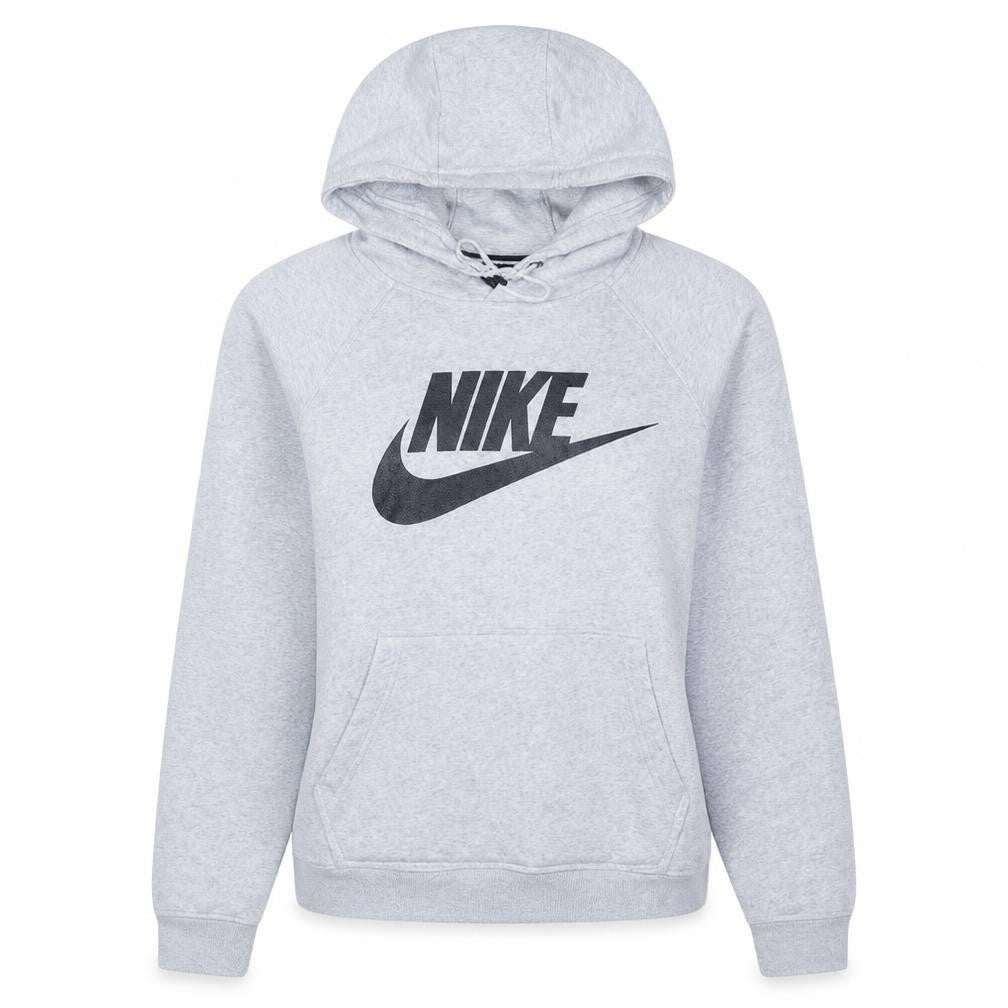 Front view of Nike women’s grey pullover hoodie xs cotton blend logo sweatshirt