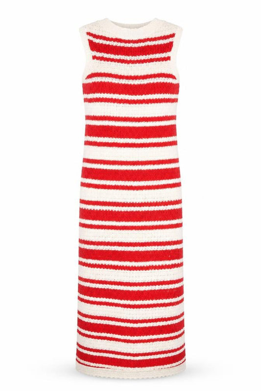 Front view of Marks & Spencer Women’s Red White Striped Sleeveless Knitted Midi Dress XS