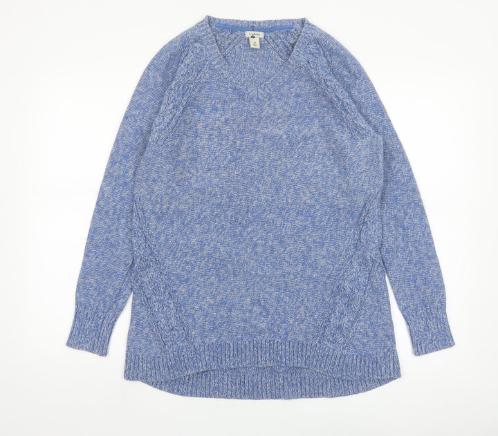 L.L.Bean Women's Blue Cotton V-Neck Cable-Knit Jumper Size M