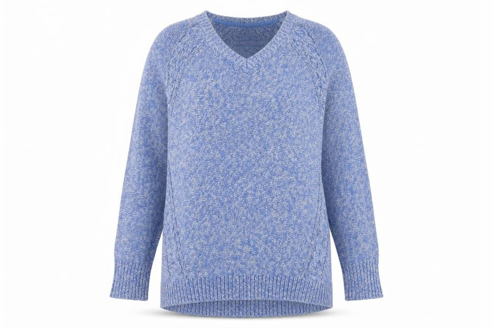 Front view of L.L.Bean Women's Blue Cotton V-Neck Cable-Knit Jumper, size M